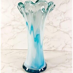 Viking Blue White Slag Swung Art Glass Vase, Mid Century Modern Statement Piece